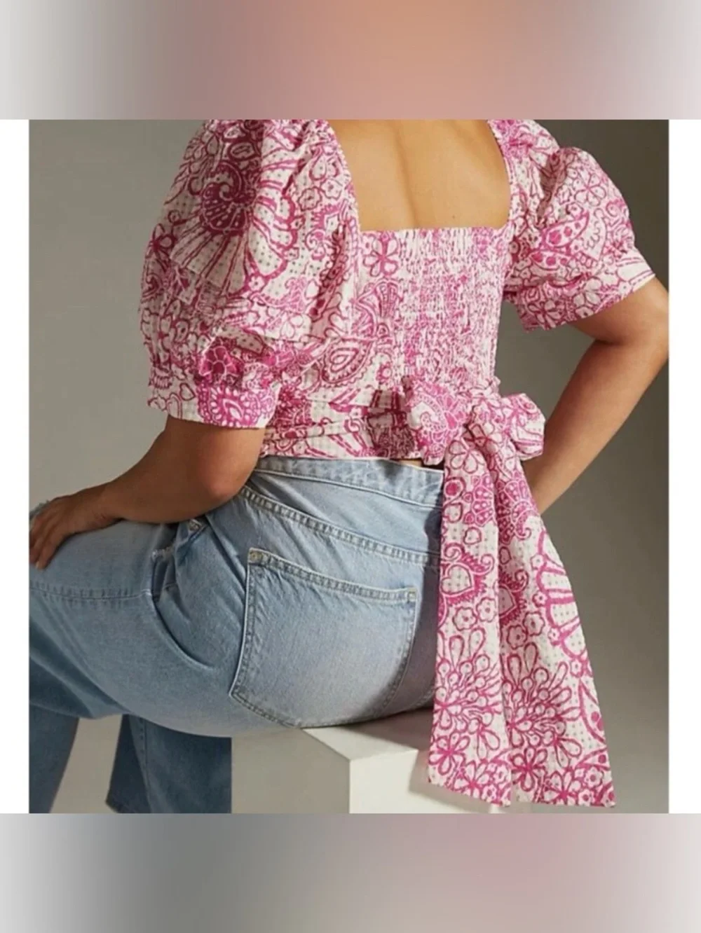 Maeve Anthropologie Pink Floral Tie Back Crop Top Puff Sleeve Small NWT